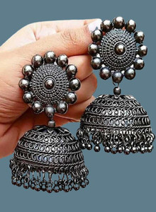 VAANYA brings you new arrival of fancy designer Black Metal Oxidised Silver Jhumka Earrings for Women & Girls Emerald Metal Jhumki Earring Alloy Jhumki Earring