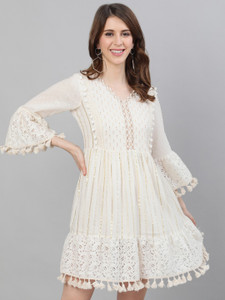 Ishin Women A-line White Above Knee/Mid Thigh Length Dress