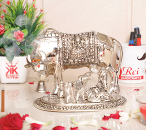 KridayKraft Metal Cow,calf with Krishna On Base Silver Plated Showpiece Decorative for Home, Office & Table.Exclusive Gifts for corporate gift,Birthday gift,Diwali Gift,wedding gifts.. Decorative Showpiece  -  17 cm