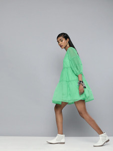 SASSAFRAS Women Tiered Green Above Knee/Mid Thigh Length Dress