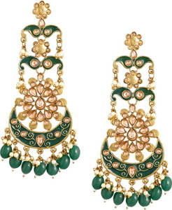 Divastri Ethnic Gold Plated Green Meenakari Traditional Kundan Studded Floral Design Pearl Chandbali Earrings for Women and Girls Beads Copper Chandbali Earring