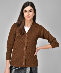 eWools Solid V Neck Casual Women Brown Sweater