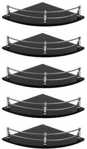 HEXA GOLD Black Glass Corner Shelf (7.5 X 7.5 Inches, 5Pcs) Bathroom and Kitchen Shelf and Accessories/ Stainless Steel Wall Shelf /Round / Black Transparent Glass Glass Wall Shelf