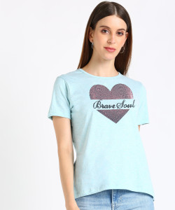 SHASHVI Self Design Women Round Neck Light Blue T-Shirt