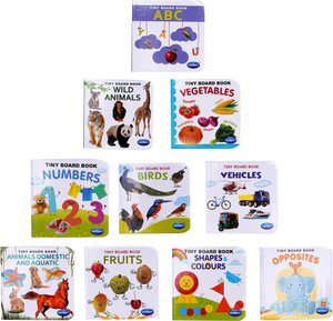 Navneet Tiny Board Books (Alphabets, Numbers, Opposite, Shapes & Color, Vehicles, Wild Animal, Vegitable, Animals Domestic & Aquatic, Birds and Fruits ) Number of pages 24*10=240 (Pack of 10) Multicolor For Kids
