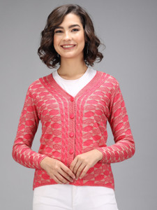 TAB91 Self Design V Neck Casual Women Pink Sweater