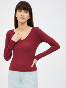 Harpa Basics Casual Solid Women Maroon Top