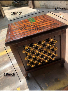 Smarts collection Beautiful Antique Wooden Stool with Brass Cutting Design Storage Stool for Living Room and Bedroom Furniture (Brown) Solid Wood Corner Table (Finish Color - Brown, Pre-assembled)(Size 18x18x18 inch) Solid Wood Side Table