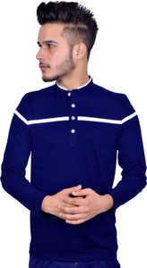 PEAK MOUNT Solid Men Mandarin Collar Dark Blue T-Shirt