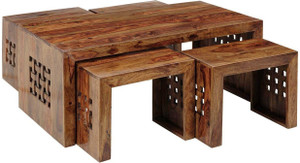 FUREON Hand Carving Design Coffee Table With 4 Stools Solid Wood Coffee Table