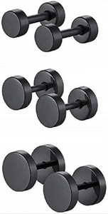 HOUSEOFTRENDZZ COMBO SETS OF DUMBLES EAR STUDS FOR MENS & WOMENS STAINLESS STEEL IN 3 SIZES (PACK OF 3 PAIRS) BLACK Metal Stud Earring