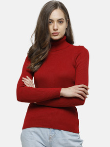 98 Degree North Self Design Round Neck Casual Women Red Sweater