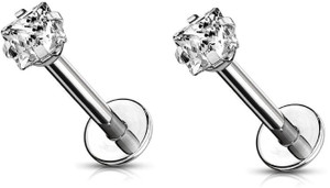 GadgetsDen Internally Threaded 316L SS Labret Monroe Lip Ring Tragus Helix Silver Color Square Cubic Zirconia Earring Stud 16G Cubic Zirconia Metal Stud Earring
