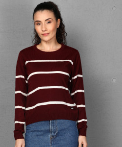METRONAUT Striped Round Neck Casual Women Maroon Sweater