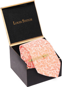 LOUIS STITCH Coral Italian Silk Suit Necktie with Gold Tie Pin Printed Tie