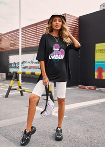 Urbanic Printed Women Round Neck Black T-Shirt