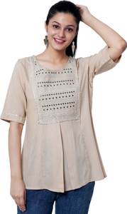 NYPA Casual Embroidered Women Beige Top