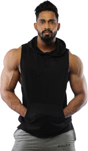 hot button Solid Men Hooded Neck Black T-Shirt