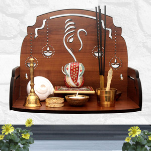 CSEL New Ganesha with Diyas Wooden Temple Wooden Beautiful Mandir, Pooja Room Home Decor Office,Home Temple Wall Hanging Product (Height-9.44 inch, Depth 8.85 inch, Width-12 inch) Wooden Wall Shelf