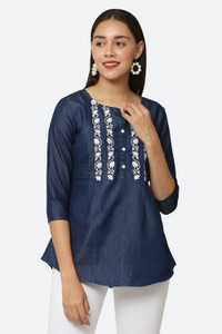Avyanna Casual Embroidered Women Dark Blue Top