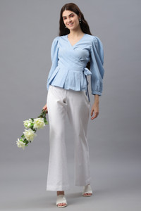 PRETTY LOVING THING Casual Full Sleeve Solid Women Light Blue Top