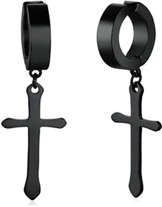 HOUSEOFTRENDZZ EXCLUSIVE RELIGIOUS HUGGIE HOOPY EAR STUDS STAINLESS STEEL SURGICAL PLUG ON LOCK NON PIERCING (PACK OF 1 PAIR) BLACK Metal Hoop Earring, Huggie Earring, Drops & Danglers