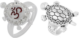 RN Silver Plated Brass CZ, Tortoise, Turtles with Shiv Symbol Om Design, Lord Mahadeva, Free Size Finger Ring for Men and Women Brass Cubic Zirconia Silver Plated Ring