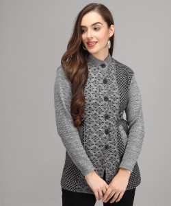 Divastri Printed High Neck Casual Women Grey Sweater