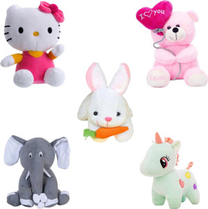 Eguds Adorable and lovable set of 5 super soft stuffed toys in beautiful shades of rabbit, unicorn, hello kitty, teddy bear, elephant / special gift for kids, birthdays and anniversaries / home decoration  - 25 cm