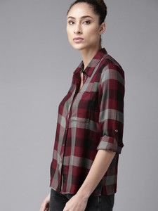 Roadster Women Checkered Casual Maroon Shirt