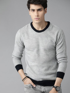 Roadster Self Design Round Neck Casual Men Grey Sweater