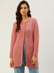 Rivza Embroidered Round Neck Casual Women Pink Sweater