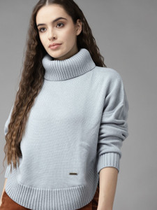 Roadster Solid Turtle Neck Casual Women Blue Sweater