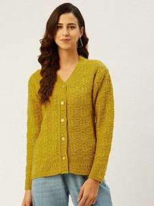 Rivza Solid V Neck Casual Women Yellow Sweater