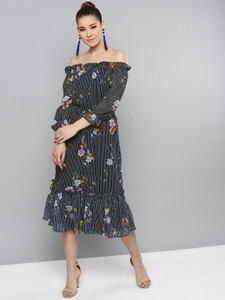 RARE Women Fit and Flare Dark Blue Midi/Calf Length Dress
