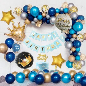 PARTY BREEZE Solid Golden and blue Happy Birthday Decoration Combo Kit with Banner, Balloons,crown foil 51pcs for Birthday Decoration Boys,Girl,Husband, Wife, Girl Friend, Adult. (blue 51pcs) (Set of 51 Balloon