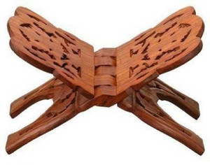 LOTUS RISE Pooja Book Stand/Rehal/Wooden holy Book Stand/Wooden Book Stand/Ramayan - Geeta Stand Wooden Brown Rehal (Width (Open) = 25 cm : Height (Open) = 15 cm) Wooden Blue Book Rest
