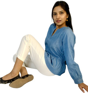 Preety World Casual Washed Women Light Blue Top