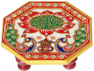 household hub Octagonal Peacock Design Painted Marble Chowki Handcrafted Marble Chowki for All Purpose with Beautiful Design & printed Floral for Home, Office and Puja Room Decor Marble All Purpose Chowki