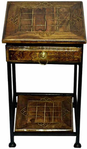 Smarts collection Wrought Iron Contemporary Bedside Table *Antique Look Corner Table with Drawer Storage & Shelf for Home & Office* *Glossy Brown Wooden Finish* *Drawer Storage for Keys & Notes* Metal Side Table
