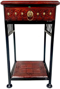 Smarts collection Wrought Iron Contemporary Bedside Table *Antique Look Corner Table with Drawer Storage & Shelf for Home & Office* *Glossy Red Wooden Finish* *Drawer Storage for Keys & Notes* Metal Side Table