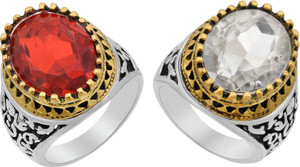 Morvi Gold and Silver Plated Dual tone, Faux Stainless Steel, Heavy and Big Stone Red and White, Golden Flower Layer Design, Finger Ring for Free Size Men and boys Stainless Steel Cubic Zirconia Silver Plated Ring Set