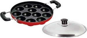 Swarambh Non-Stick 12 Cavity Aluminium Appam Patra Ponganal Maker Paniarakkal Litti Maker Appe Pan with Lid Appam Patra Non Stick with Lid Paniarakkal with Lid 0.5 L capacity 22.4 cm diameter