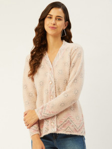 Rivza Self Design V Neck Casual Women Pink Sweater
