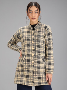 eWools Checkered Collared Neck Casual Women Gold Sweater