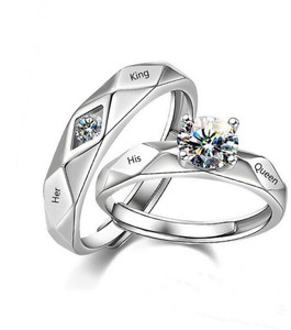 University Trendz Majesty Stone Crystal King Queen Cfaved Diamond Cut Handmade Silver Couple ring Copper Cubic Zirconia Sterling Silver Plated Ring Set