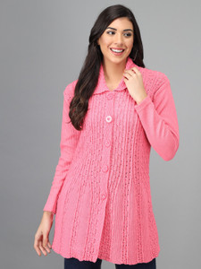 eWools Woven Collared Neck Casual Women Pink Sweater
