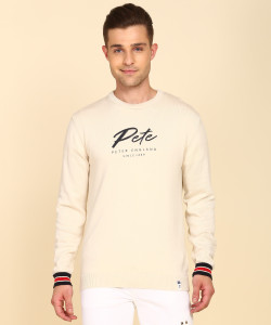 PETER ENGLAND Graphic Print Round Neck Casual Men White Sweater