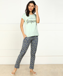 Lyra Women Floral Print Light Green Top & Pyjama Set