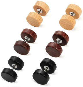 HOUSEOFTRENDZZ Natural Wood Screw Studs Earrings for Men Women Fake Gauges Illusion Ear Piercing Ear Plugs Tunnel (PACK OF 3 PAIRS) YELLOW/BLACK/BROWN WOODEN Wood Stud Earring